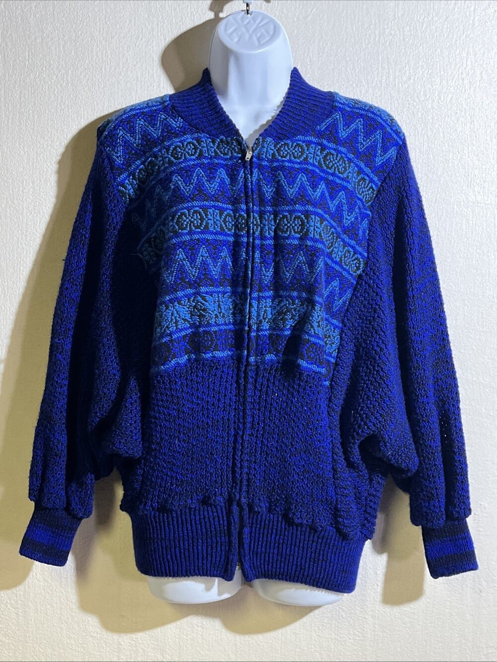 Vintage 80s Blue Geometric Full Zip Sweater Batwing Dolman Sleeves Oversized